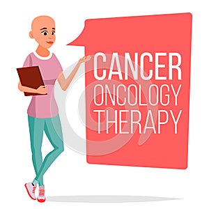 Chemotherapy Patient Woman Vector. Female With Cancer. Medical Oncology Therapy Concept. Treatment. Hairless. Clinic