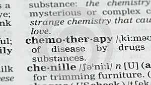 Chemotherapy, word pointed in english dictionary, cancer treatment, healthcare