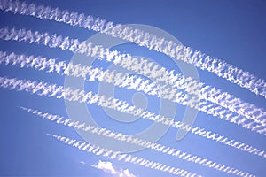 chemtrails in blue sky. AI generated