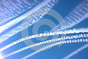 chemtrails in blue sky. AI generated