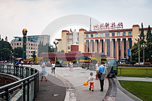 Chengdu, China - July 27, 2019: Tianfu Square with Chengdu with Mao Zedong Statue and Science Museum the largest public square in