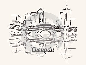 Chengdu skyline hand drawn. Anshun Bridge Dongmen