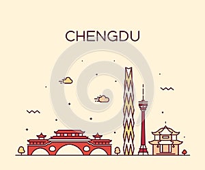Chengdu skyline Sichuan China vector linear style