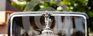 Chennai, India, December 18th 2022: Close up of The Spirit of Ecstasy. Rolls Royce remains a symbol of a luxurious car., Rolls-