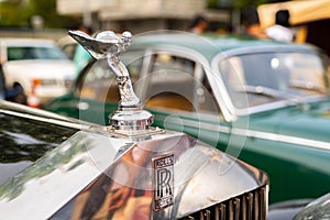 Chennai, India, December 18th 2022: Close up of The Spirit of Ecstasy. Rolls Royce remains a symbol of a luxurious car., Rolls-