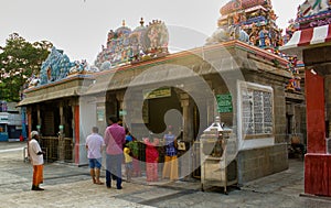 Chennai, South India - October 27, 2018: Hindu devotee performing prayer ritual inside a hindu temple located in Tamil Nadu state