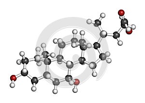 Chenodeoxycholic acid drug molecule. 3D rendering. Atoms are represented as spheres with conventional color coding: hydrogen ( photo