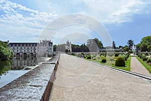 CHENONCEAU CASTLE, FRANCE - JULY 06, 2017: French loire valley castle spanning the River Cher. Chenonceau Castle, France on July