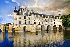 Chenonceau castle over sunset, Beautiful castles of Loire valley , France travel