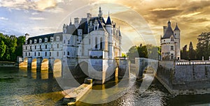 Chenonceau castle over sunset, Beautiful castles of Loire valley , France travel