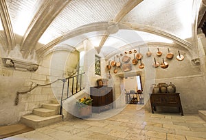 Chenonceaux castle interior, view of kitchen