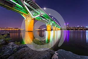 Cheongdam bridge or cheongdamdaegyo is han river bridge at night in Seoul, South Korea