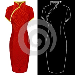 Cheongsam dress image with white outline silhouette on black