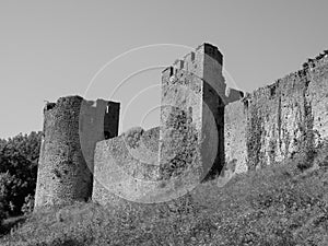 Chepstow Castle ruins in Chepstow, black and white