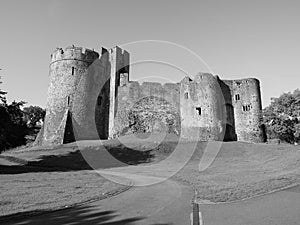 Chepstow Castle ruins in Chepstow, black and white