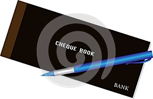 Cheque book in Black and brown color with Bright blue and silver pen in white background