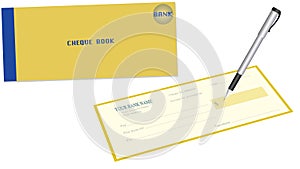 Cheque book in soft yellow and blue color with grey and black or silver pen in white background