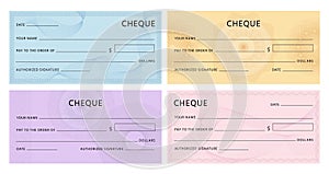 Cheque with guilloche. Bank chequebook template. Blank mockup for banknote voucher with spirograph watermark and abstract pattern