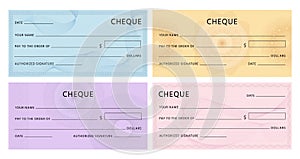 Cheque with guilloche. Bank chequebook template. Blank mockup for banknote voucher with spirograph watermark and