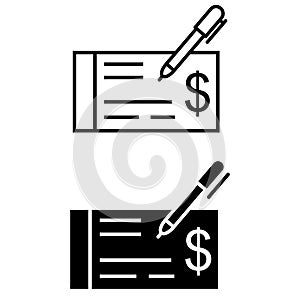 Cheque and pen icon vector set. paycheck illustration sign collection. check symbol.