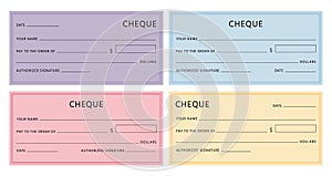 Cheque template. Blank checkbook pages mockups with empty fields. Bank check designs with borders. Colorful fake voucher