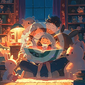 Cherished Family Moment: Reading Aloud in Warmly Lit Room