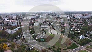 Cherkasy city in Ukraine in autumn cloudy day aerial panoramic view.