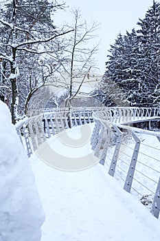 Cherkasy  Ukraine  January 2021. Metal new beautiful bridge in the zoo of Cherkasy city in snowy winter. Winter landscape