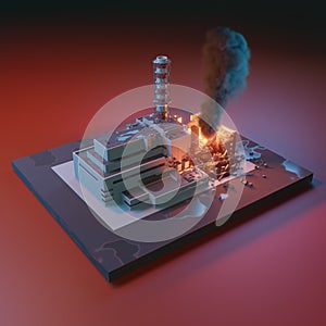 Chernobyl disaster catastrophe, nuclear accident. Chernobyl nuclear power plant. 3d isometric illustration.