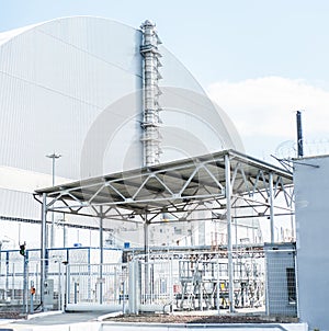 Chernobyl nuclear station, 4-th power unit with sarcophagus on sunny weather