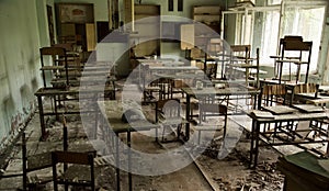 Destroyed classroom in an abandoned school in the town of Pripyat