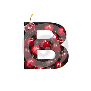 Cherries alphabet. Letter B made of red berries and paper cut isolated on white. Typeface for bio organic food marke