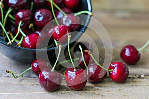 Cherries in bowl on wooden table
