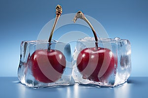 Cherries frozen in ice cubes on blue background, closeup