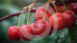 Cherries Hanging From Tree in Rain