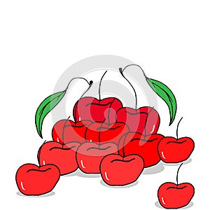 Cherries illustration on white background. red color with green leaf. bright and shiny. hand drawn vector. fresh fruits. doodle ar