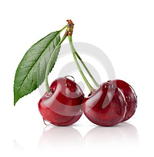 Cherries with leaf isolated on white background, clipping path