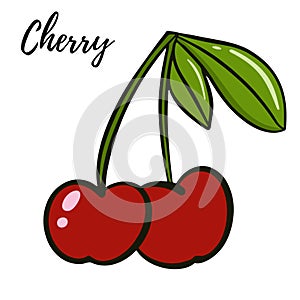 Cherries with leaves. Two burgundy ripe berries on a branch with leaves, Vector. Garden berries close-up