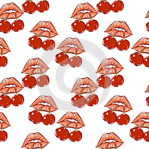 Cherries and lips seamless pattern. Sweets and yummies. Colorful wallpaper.