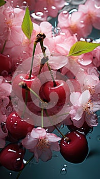 Cherries and pink flowers submerged in clear water