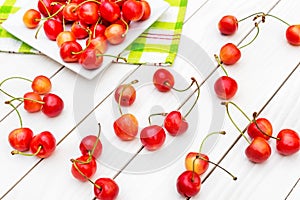 Cherries and saucer with cherries on the table