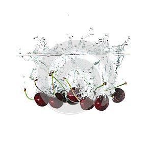 Cherries splash on water, isolated on white background
