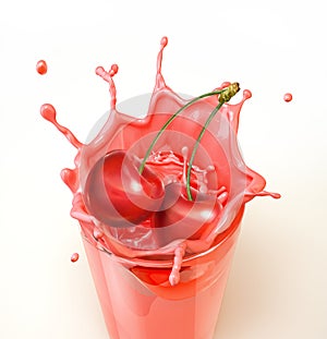 Cherries splashing into a glass full of milkshake.