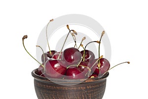 Cherries with stalks. Cherry in bowl isolated on white