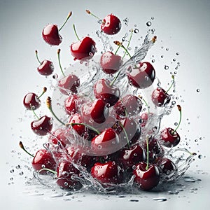 Cherries tumbling through a splash of water