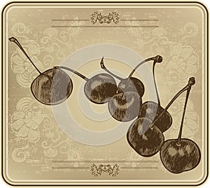 Cherries with vintage frame, hand-drawing. Vector illustration.