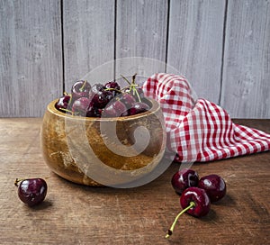 Cherries in Wooden Bowl