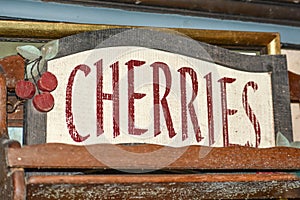 Cherries, Wooden Sign, Painted with Cherry Cluster