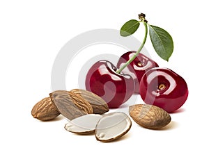 Cherry almond whole sliced set isolated on white background