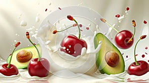 Cherry and avocado blend into milk, yogurt, sour cream, creating a flavorful splash, Ai Generated